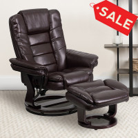 Flash Furniture Contemporary Brown Leather Recliner and Ottoman with Swiveling Mahogany Wood Base BT-7818-BN-GG